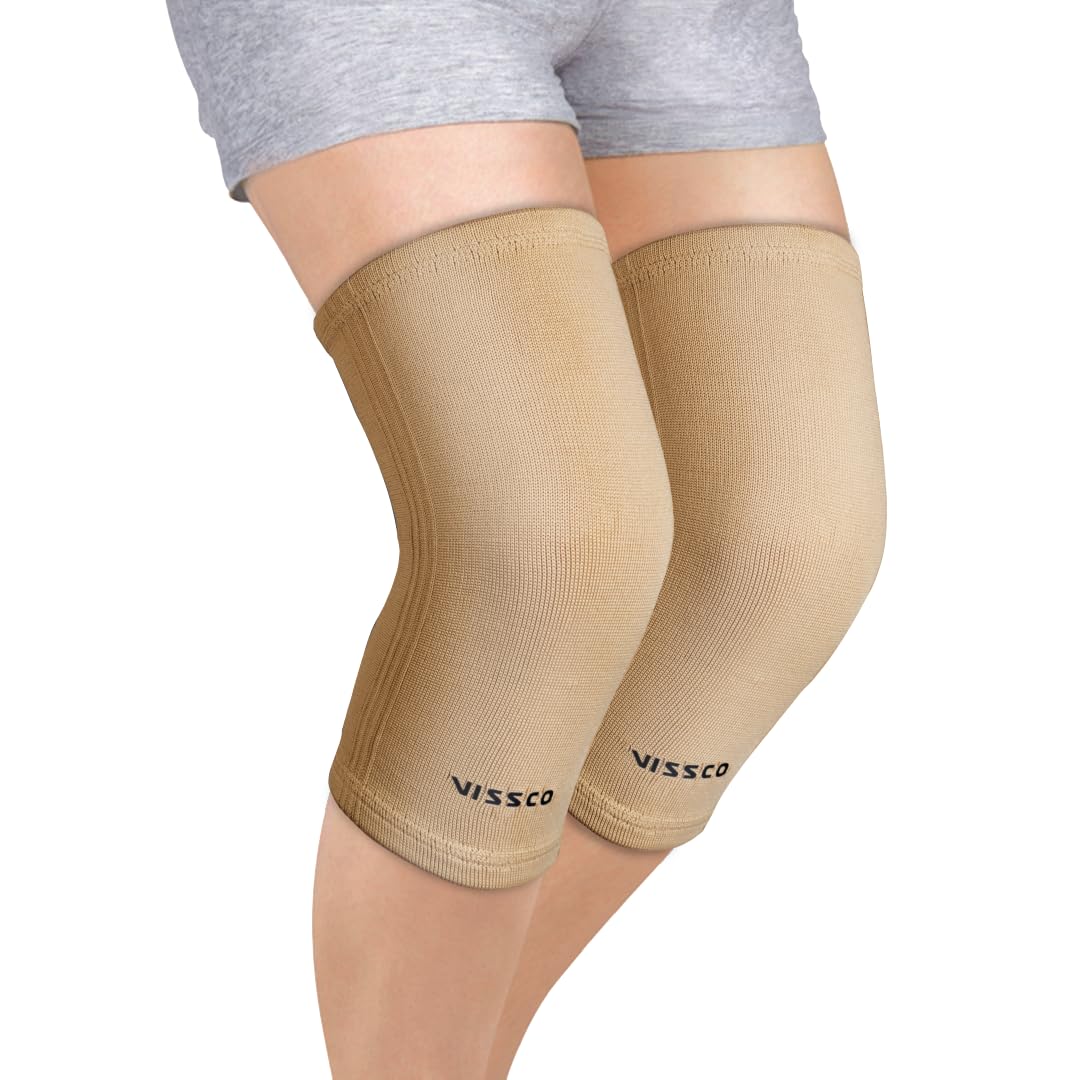 Vissco Tubular Elastic Knee Cap, Knee Support to provide Knee Pain Relief, Knee Cap For Sports, Football, Cricket, Walking And Workout (IN PAIR) - Large (Beige)